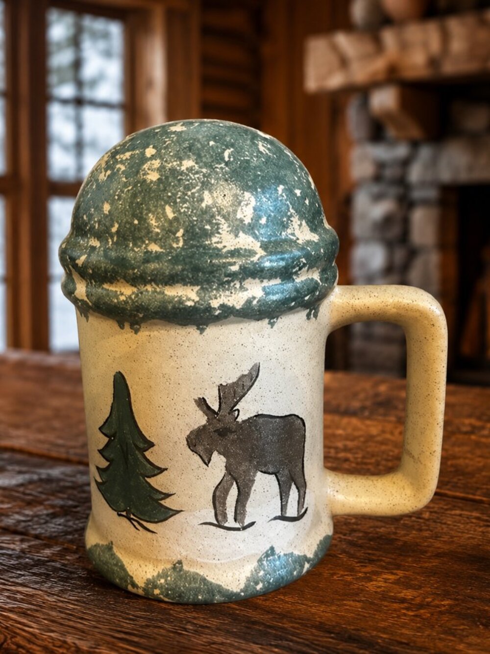 Vintage Ceramic Salt Shaker With Rustic Hand Painted Moose and Evergreen Design